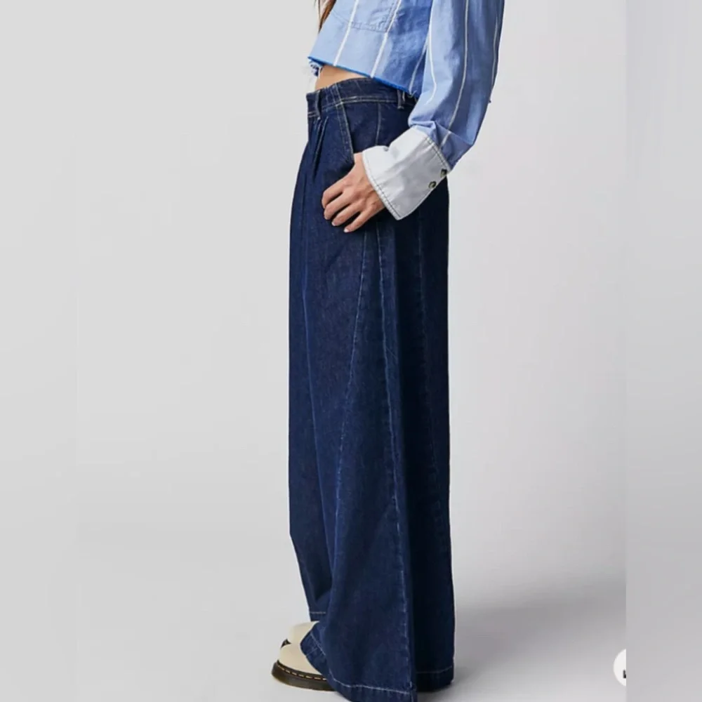 NWT Free People Equinox Blue Denim Wide Leg Trouser SZ 29 100% Cotton - Picture 2 of 11